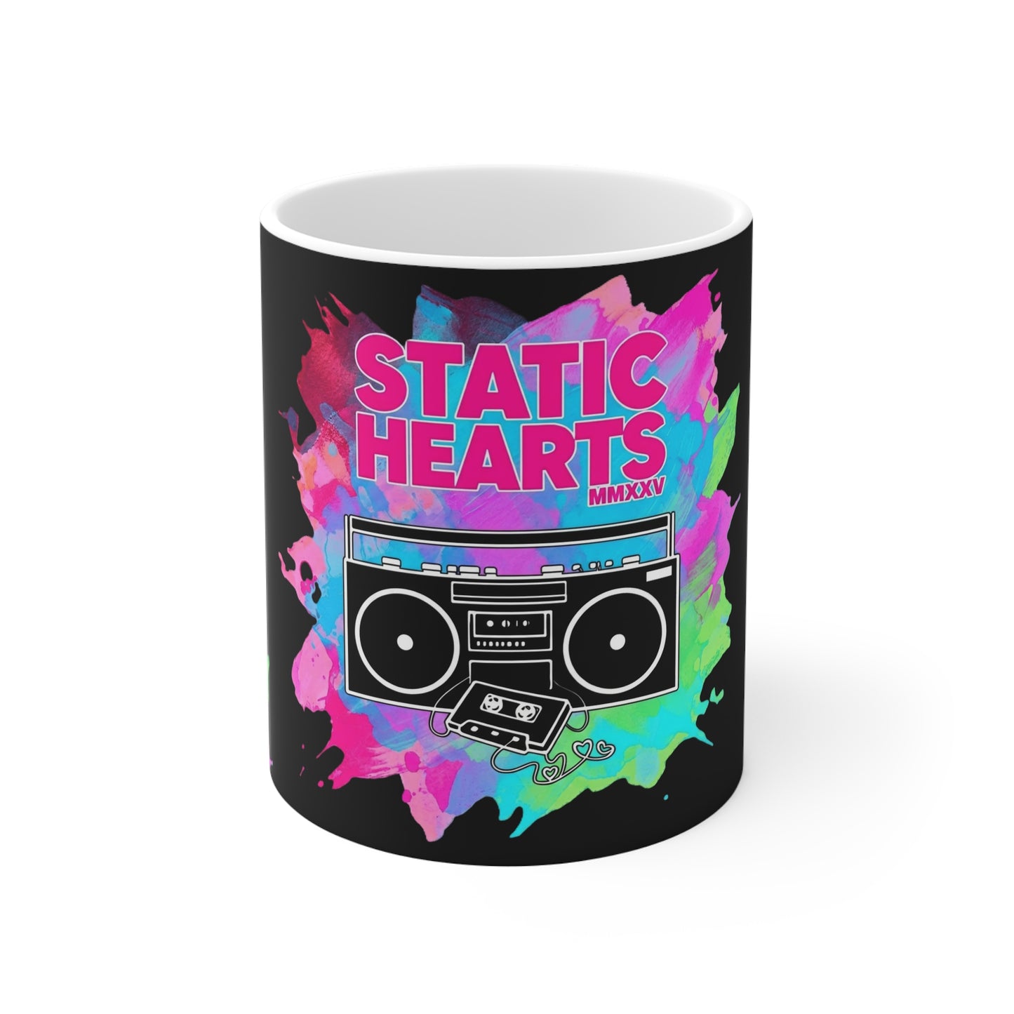 Static Hearts Neon Retro Boombox Mug